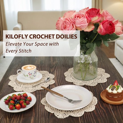 kilofly Crochet Cotton Lace Table Placemats Doilies Value Pack, 4pc, Roma, Beige, 10 inch