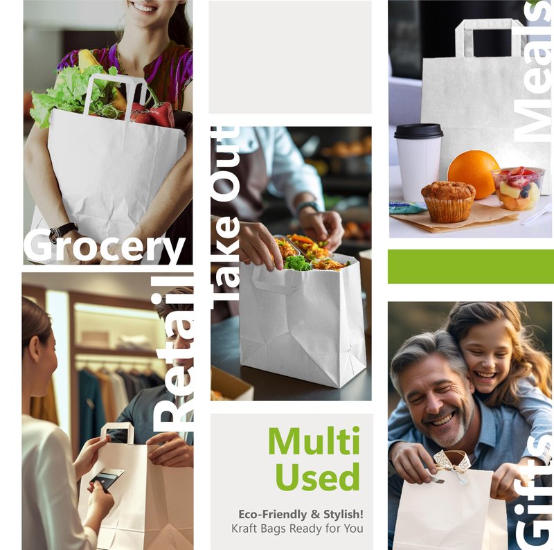WIPRIME Paper Bag Model Key West of 200 White Kraft with Flat Handles – 10 1/4 x 6 11/16 x 11 Inches Durable, and Perfect for Retail, Grocery, Takeout,Gifts, and Food Packaging