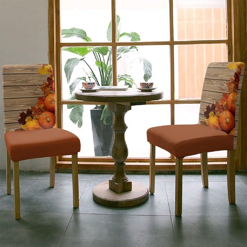 Savannan Thanksgiving Dining Chair Slipcover, Autumn Orange Pumpkin Maple Leaves Rustic Old Wooden Brown Stretch Covers Removable Parsons Protector for Kitchen Room Party, Set of 6