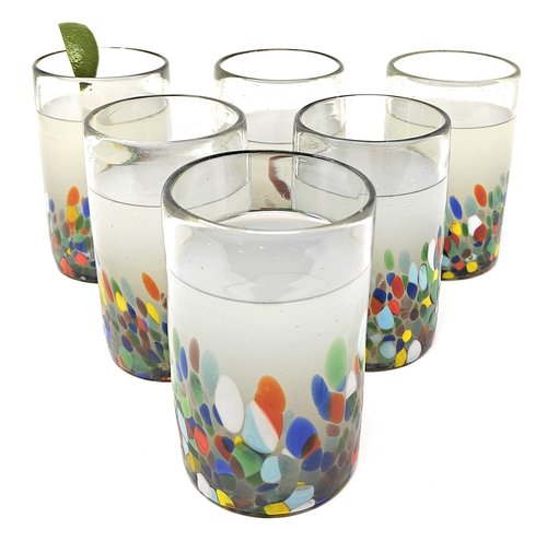 Hand Blown Mexican Drinking Glasses – Set of 6 Confetti Carmen Design Glasses (14 oz each)