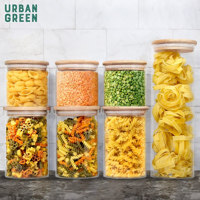Urban Green Glass Jars with Airtight Lids, Airtight Glass Canisters set, Large Food Storage Containers with Wood Lids, 2 Pack of 100oz， Dry Food Pantry Jars, Flour Containers