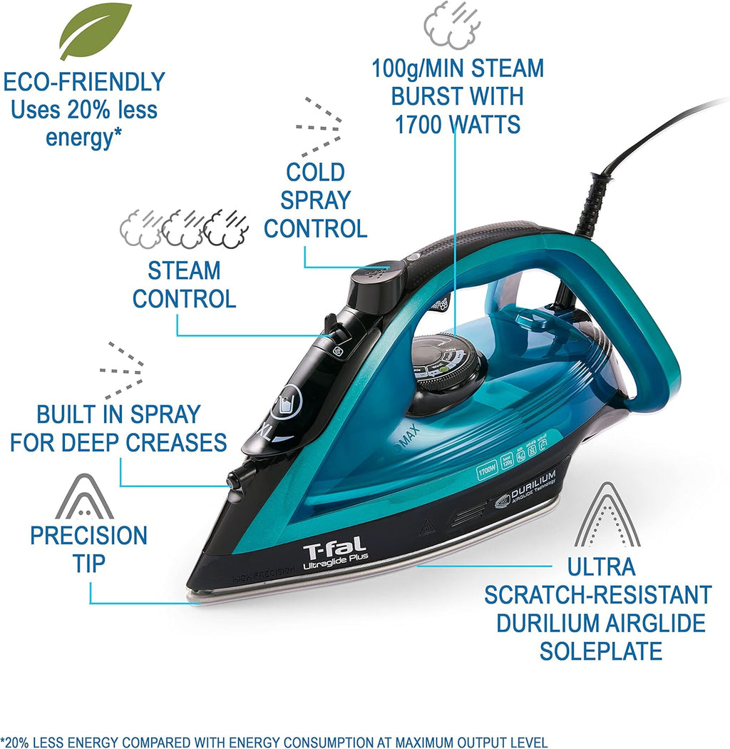 T-Fal Ultraglide Steam Iron - 1800 Watts with Durilium Soleplate, Precision Tip & Anti-Drip | Auto-Off Feature