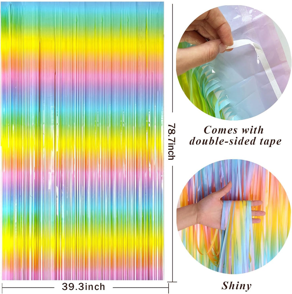 Pastel Rainbow Foil Fringe Curtain - Vibrant Party Backdrop Tinsel Streamers for Birthday Celebrations