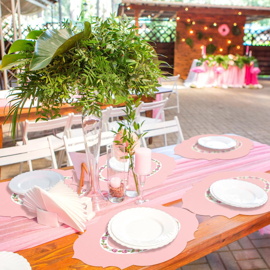 Gandeer 100 Pack Pink Floral Paper Placemats 13.8 Inch Rose Coquette Disposable Placemats Decorative Spring Summer Table Doilies for Wedding Anniversary Bride Party Supplies