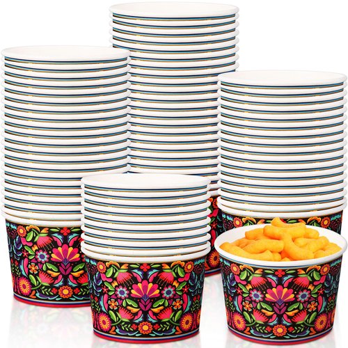 Potchen 50 Pack 9 oz Mexican Paper Bowls Mexican Themed Paper Cups Fiesta Flower Disposable Soup Bowls Snack Cups Plates Cinco De Mayo Party Supplies for Taco Dessert Hot or Cold Food
