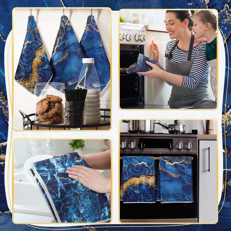 Boyiee 6 Pcs Marble Hand Towels Blue and Gold Towels Navy Blue Kitchen Towel Modern Gifts Absorbent Soft Decorative Dish Cloths Tea Towel Set Kitchen Decor Ocean Gift for Holiday Farmhouse Bathroom