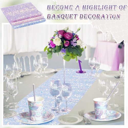 Windkream 3 Pcs Mermaid Table Runner 24 x 120 Inch Iridescent Sequin Glitter Table Runner Lavender Party Supplies Wedding Birthday Baby Shower Party Decor(Purple, Blue, Pink)