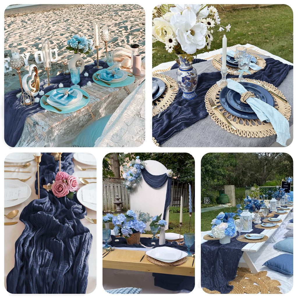 6 Pack Navy Blue Cheesecloth Table Runner Summer 10FT Sheer Navy Cheese Cloth Table Runners Boho Gauze 120 Inches Summer Table Decorations for Wedding Bridal Baby Shower Tea Party Decor