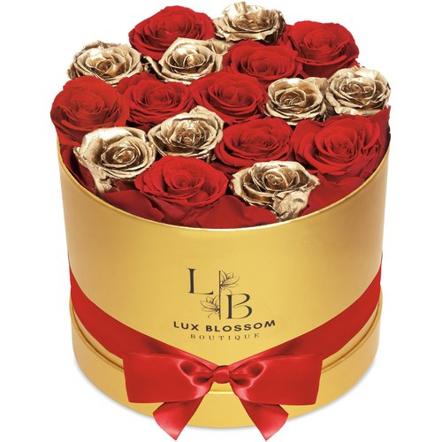 LUX BLOSSOM BOUTIQUE 17 Forever Roses in a Box - Luxury Red & Gold Roses, Gold Roses, Preserved Roses Gifts for Women, Forever Flowers Gifts for Wife, Roses for Delivery Prime (Gold Box)