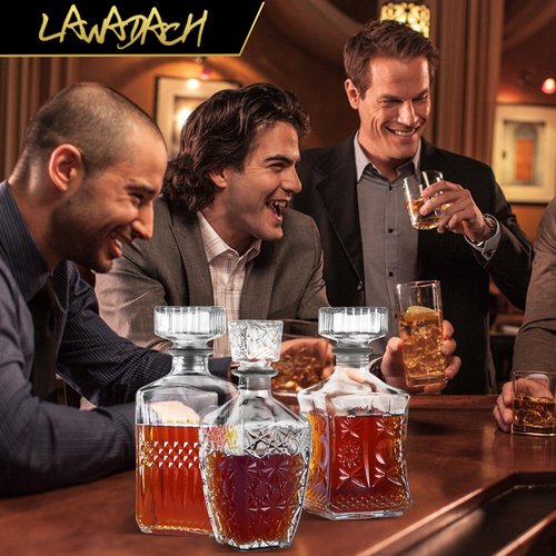 Whiskey Decanter Set of 3 Glass Liquor Decanters, Alcohol Bottles with Airtight Decanter for Tequila, Vodka and Brandy Unique Whiskey presents for Man, Dad, Husband and Home Bar Decor (28oz*2, 31oz*1)