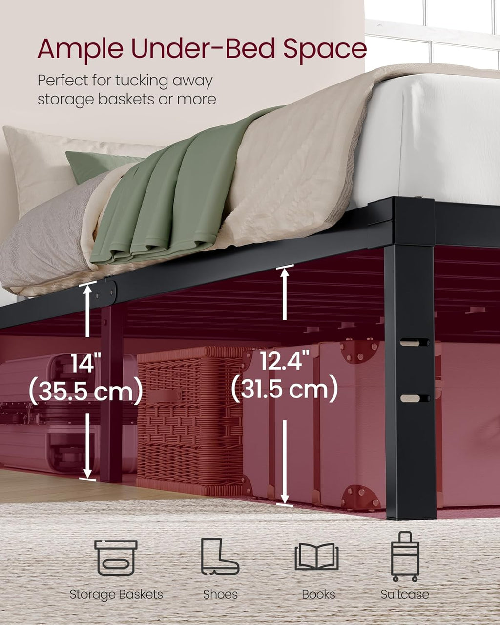 VASAGLE Metal Bed Frame - 14-Inch Tall Heavy-Duty Platform with Under-Bed Storage | No Box Spring Needed, Matte Black