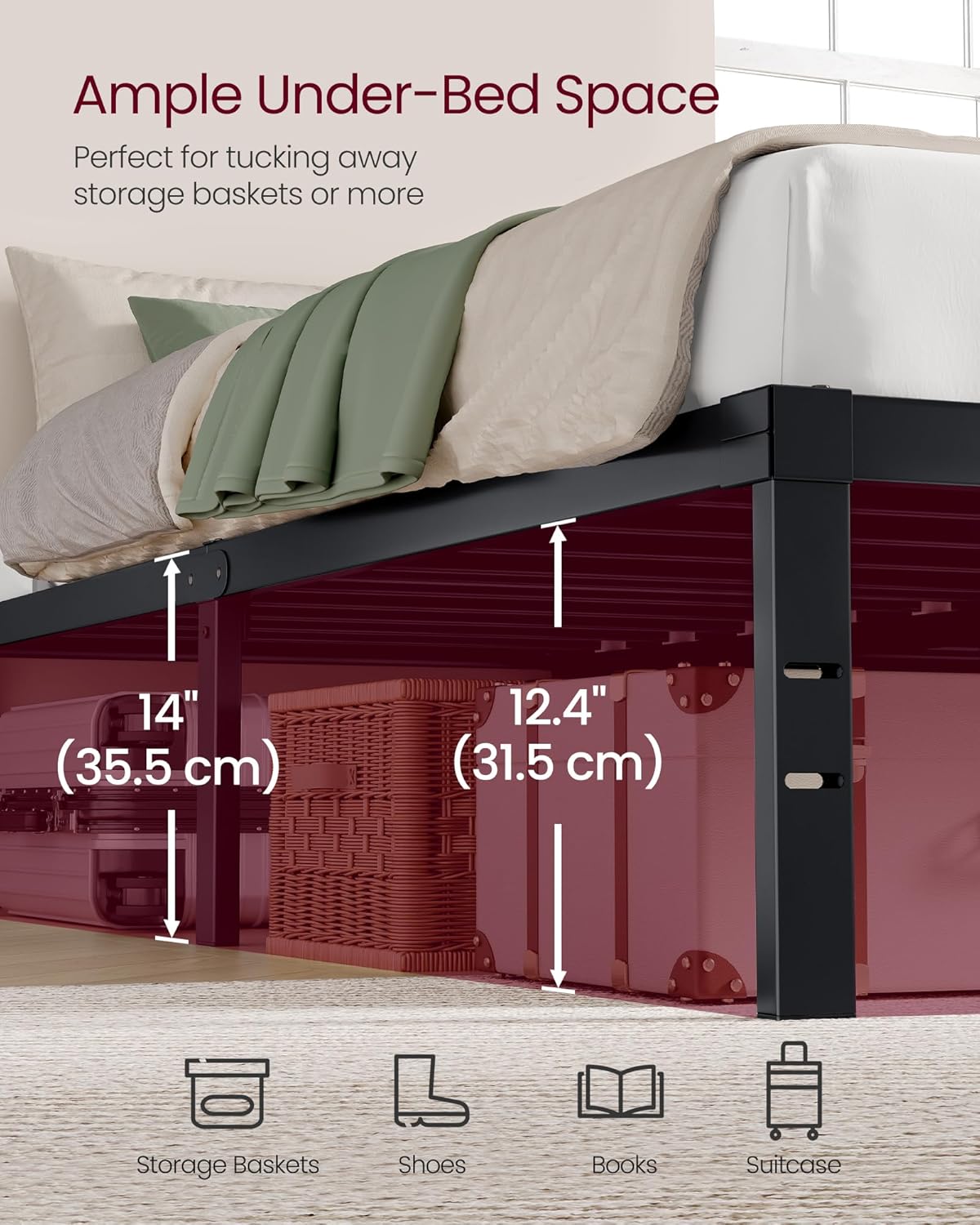 VASAGLE Metal Bed Frame - 14-Inch Tall Heavy-Duty Platform with Under-Bed Storage | No Box Spring Needed, Matte Black