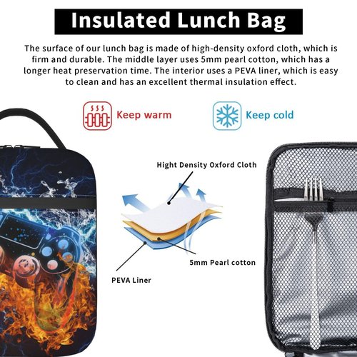 Anyako Video Game Lunch Box Fire and Water Game Lunch Bag Insulated Portable Reusable Lunch Tote Kit Waterproof Cooler Bag for Men Women Picnic Office Collega Travel Working