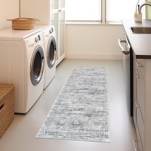 Restydon Kitchen Runner Rugs Non Skid Washable - 2.5 x 10 Runner Rug with Anti Slip Backing, Ultra-Thin Soft Rug Runner for Hallway, Bedroom, Living Room (2'x10', Grey/Ivory)