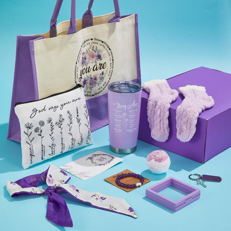 11Pcs Purple Christian Gifts for Women Faith Spiritual Inspirational Religious Catholic Gift for Women Mom Wife Friend Sister Birthday Holiday Christmas Gifts Includes Tumbler Tote Bag Socks Scarf Set