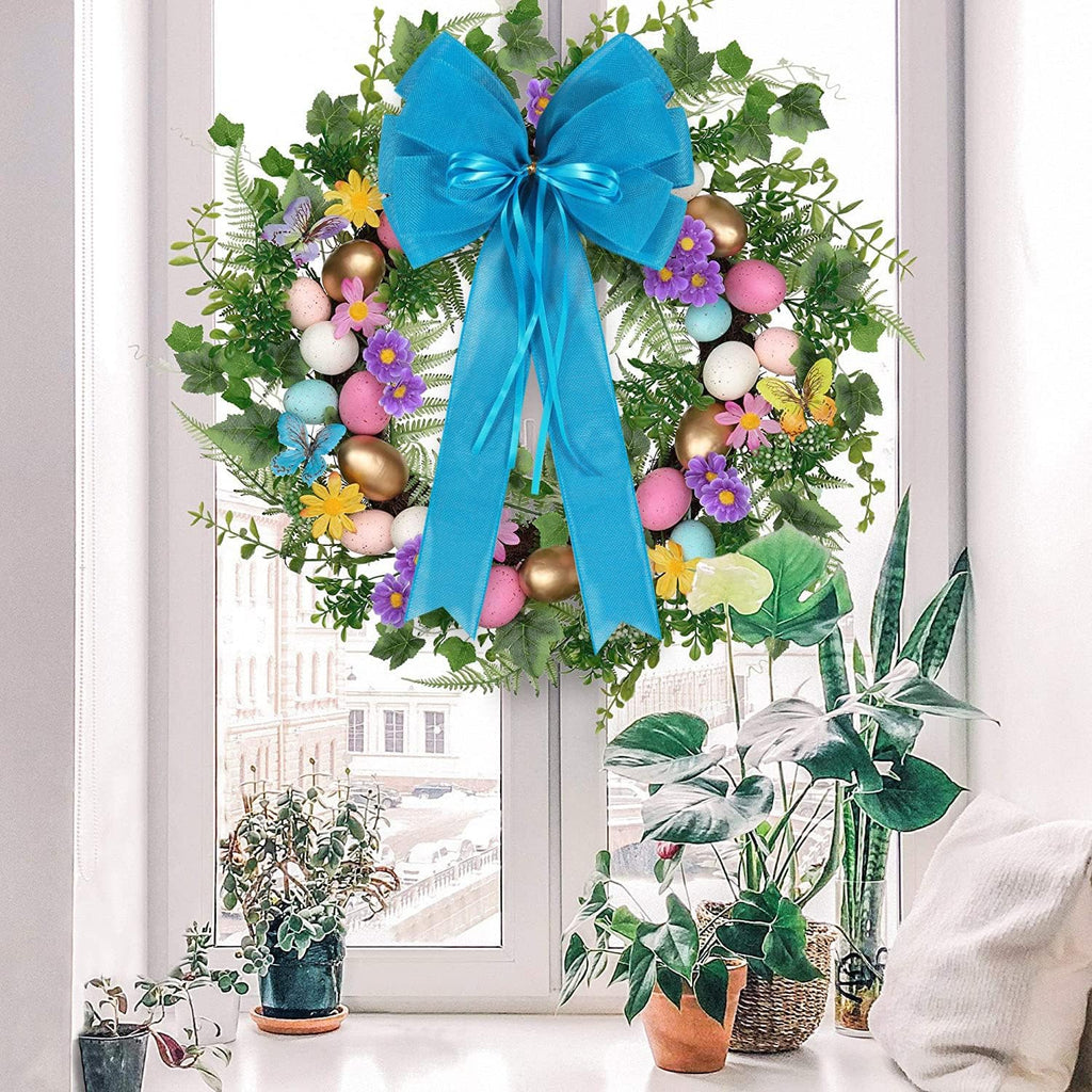 Skiennix Large Blue Easter Wreath Bow - Decorative Spring Tree Topper with Glitter String | 2 Pcs Set