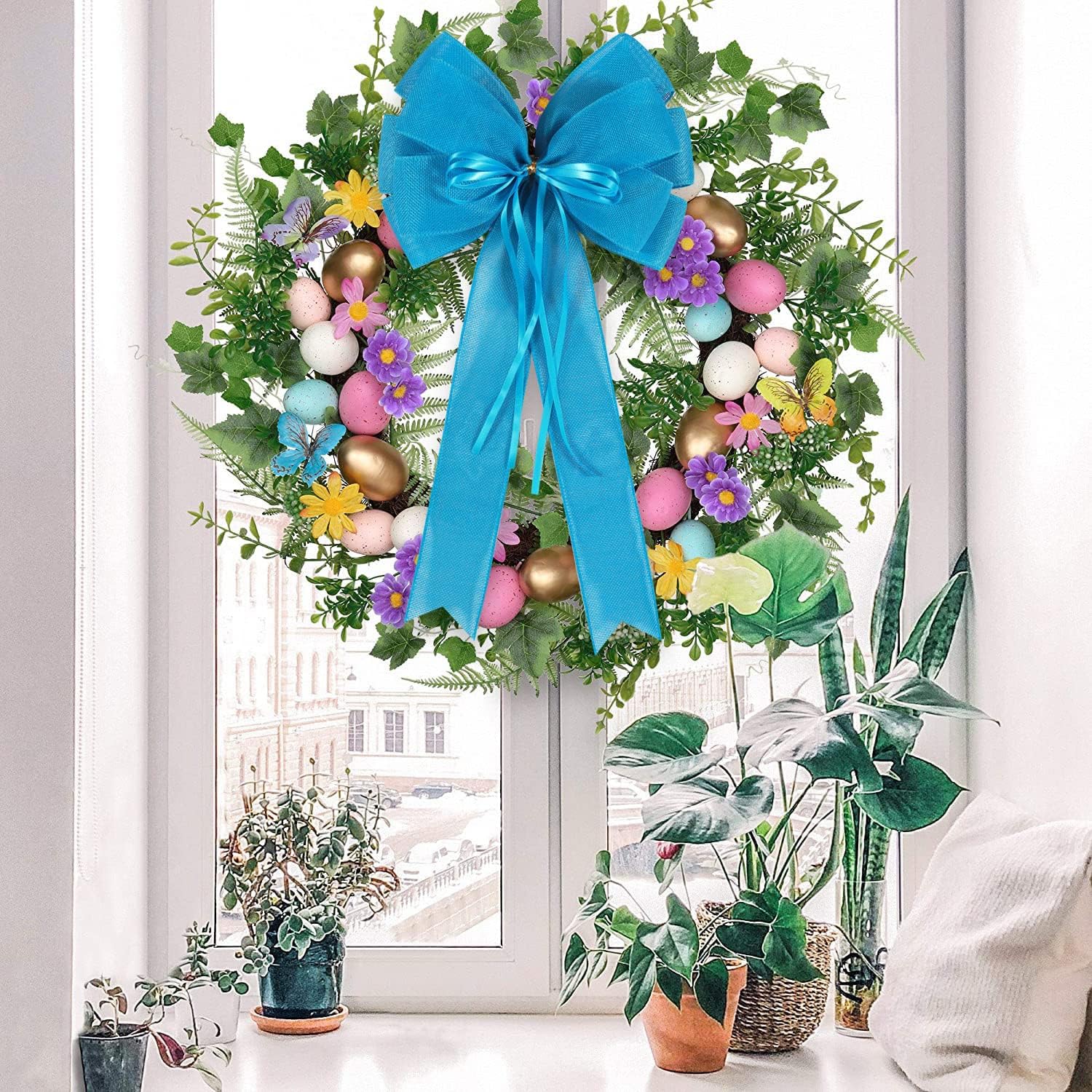 Skiennix Large Blue Easter Wreath Bow - Decorative Spring Tree Topper with Glitter String | 2 Pcs Set