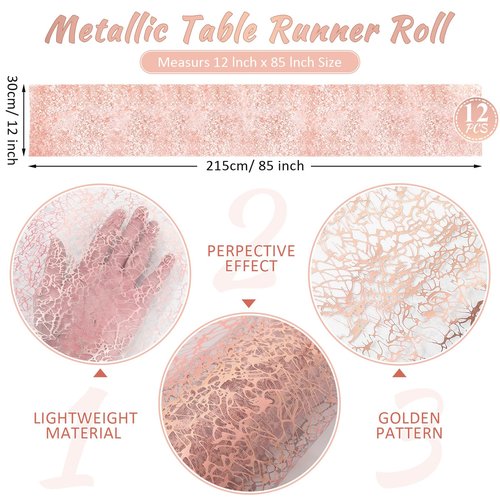 Chumia 12 Pieces Rose Gold Table Runner 12 x 85 Inch Sequin Glitter Table Runner Roll Metallic Thin Mesh Fabric Decor for Party Wedding Shower Birthday Baby Shower Party Supplies