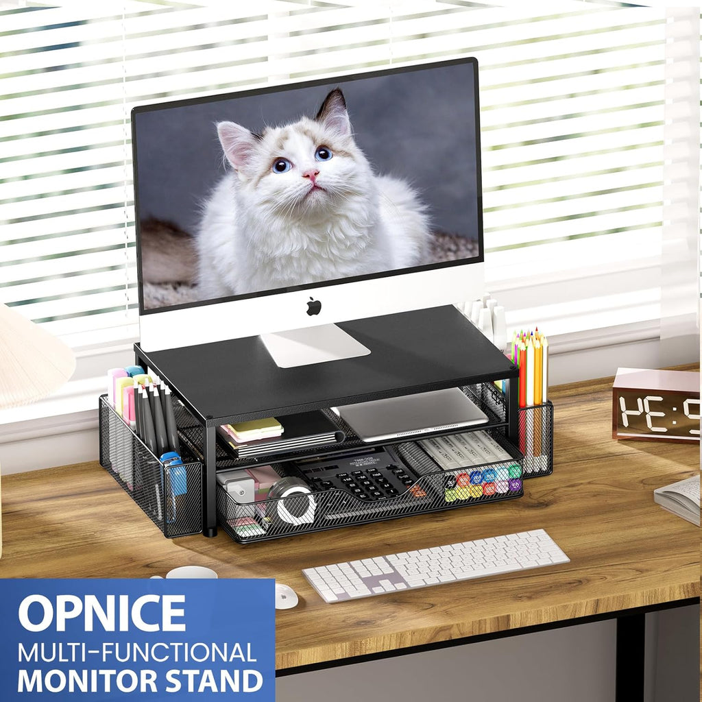 OPNICE Desk Organizer - 2-Tier Monitor Stand Riser with Drawer & Pen Holders | Black Office Accessories