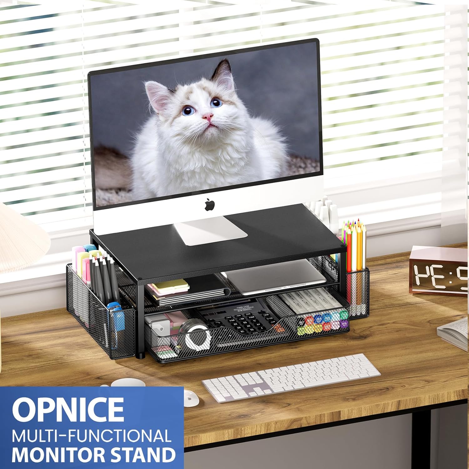 OPNICE Desk Organizer - 2-Tier Monitor Stand Riser with Drawer & Pen Holders | Black Office Accessories
