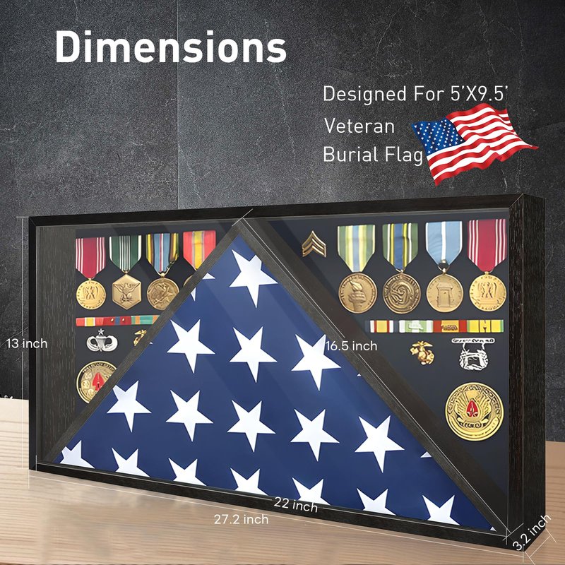 Flag Display Case for Funeral Flag, 5' x 9.5' Military Burial Flag Box with HD Tempered Glass and Removable Dividers, Memorial Flag Frame with Felt Lining for Badges Medals (Black)