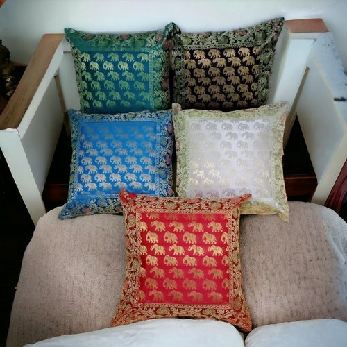 COTSILER 16X16 Indian Ethnic Silk Banarasi Decorative Cushion Cover for Home and Gift (16 x16, Animal Print)