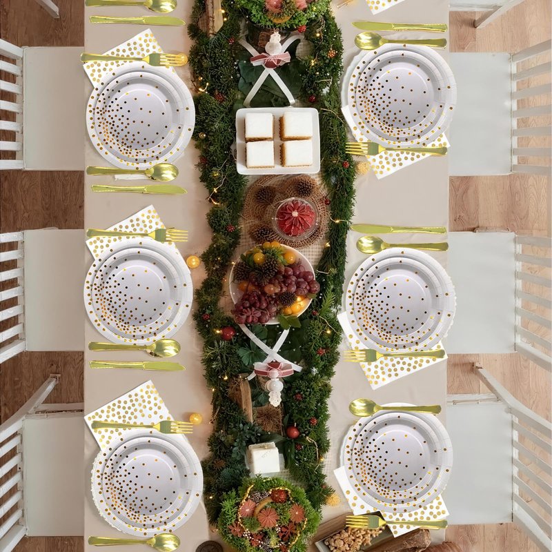 175 PCS White and Gold Paper Plates and Utensils Set Party for 25 Guests Disposable Party Decorations Golden Dinnerware Plates Cups Napkins Forks Knives Spoons for Wedding,Birthday and Party.
