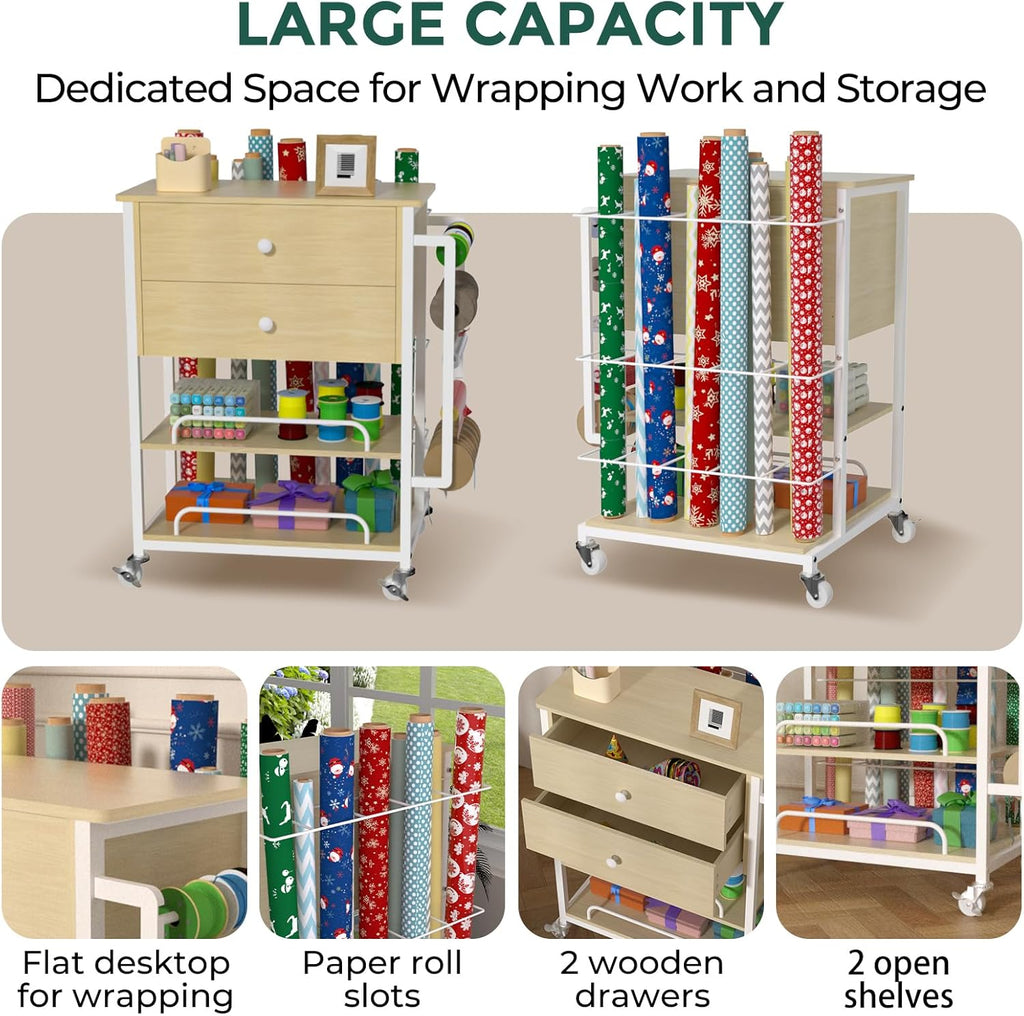 Skiennix Wrapping Paper Organizer - Craft Cart with Ribbon & Gift Bag Storage | Oak Finish, 2 Drawers