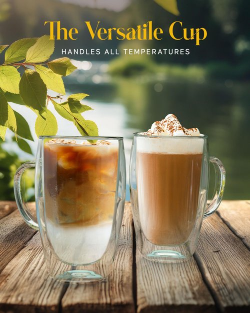 Kitchables Double Wall Glass Coffee Mugs Bundle Set of 2, 15oz and Set of 2, 12oz with Handle Insulated Glass coffee Mug Clear coffee Mugs