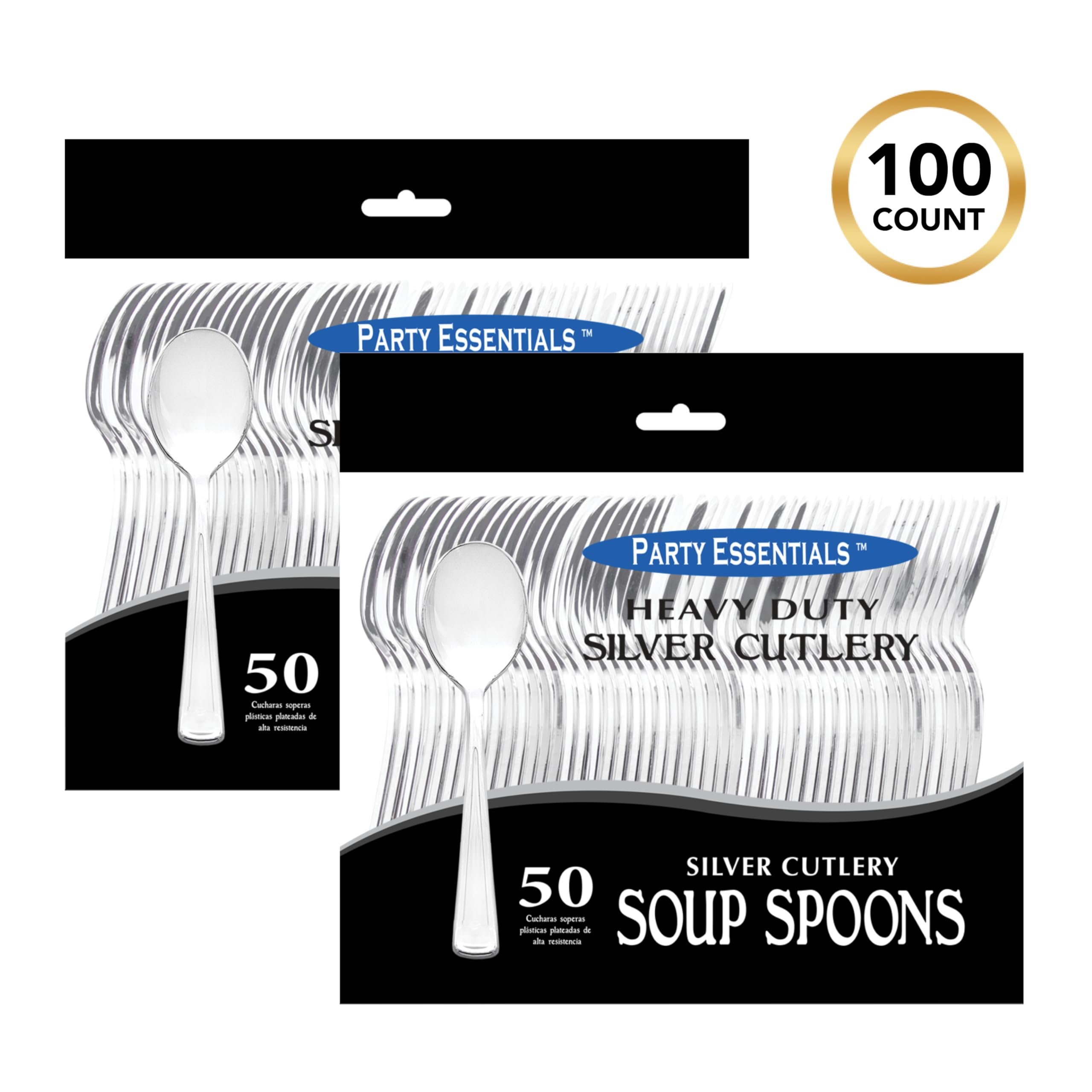 Party Essentials Disposable Plastic Cutlery/Heavy-Duty Flatware/Silverware for All Events, 100-Count(Pack of 1), Shiny Silver Soup Spoons