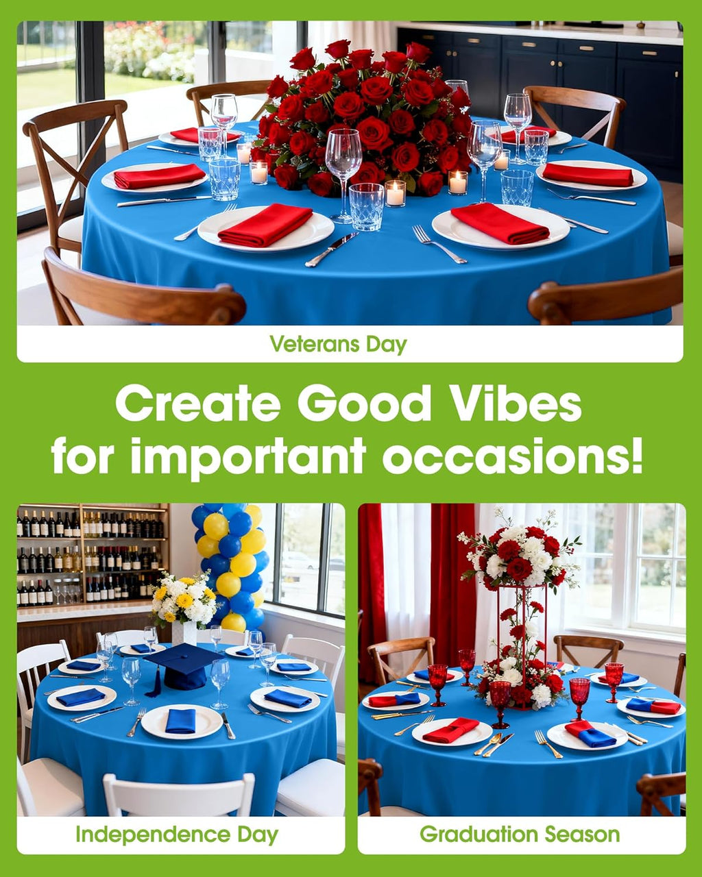 Pureegg Disposable Plastic Table Cloths - 84'' Round, Sturdy & Leakproof for Graduation, Thanksgiving, Patriotic Events | 10 Pack, Blue