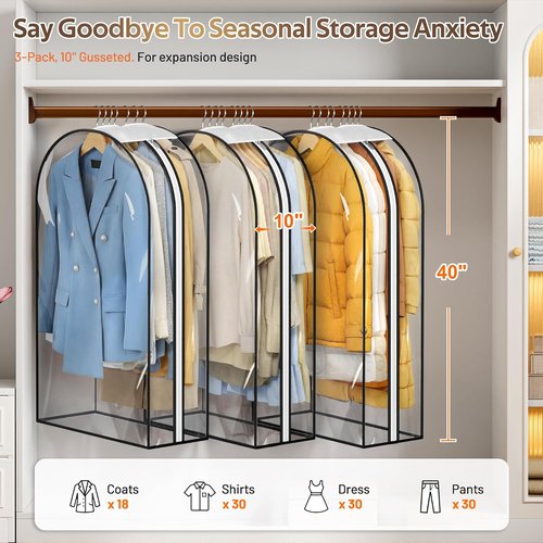 MISSLO 10" Gusseted Clear Garment Bags - 3 Pack 40" Suit Covers for Closet Storage & Clothing Protection