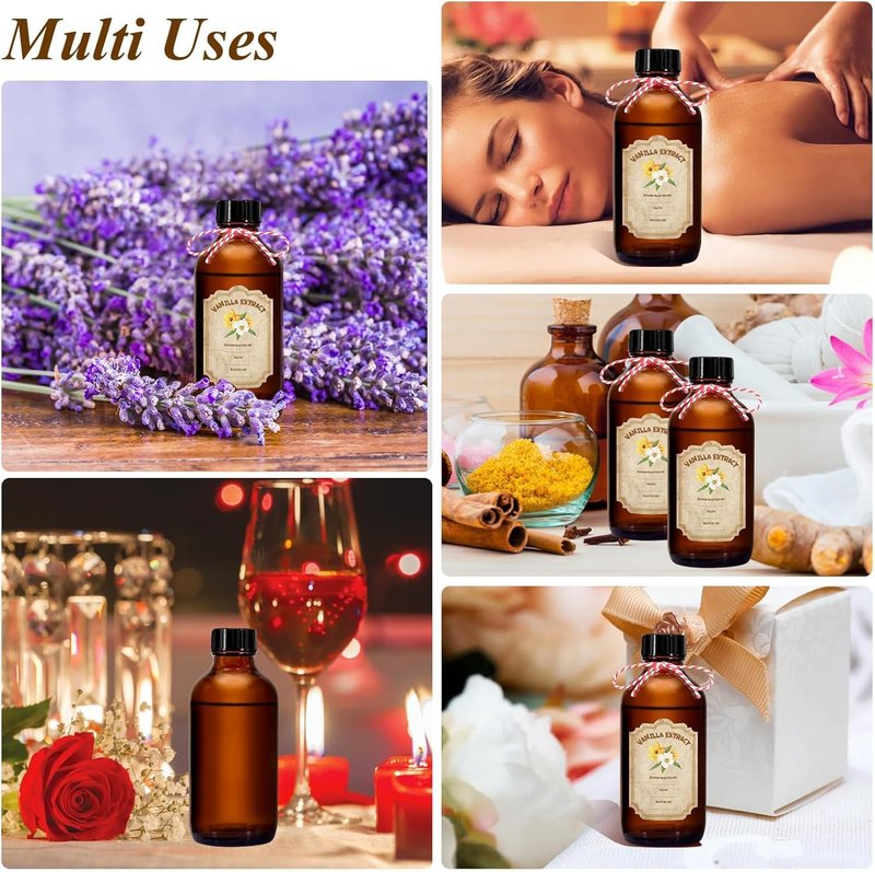 ohaayoo 8 Pack 8 Ounce Amber Glass Bottle Boston Round Bottles with Caps Brown Vanilla Extract Bottles，8 Pcs Vanilla Extract Stickers for Syrup Gift Glass Food Storage Canister Set Sauce Beans