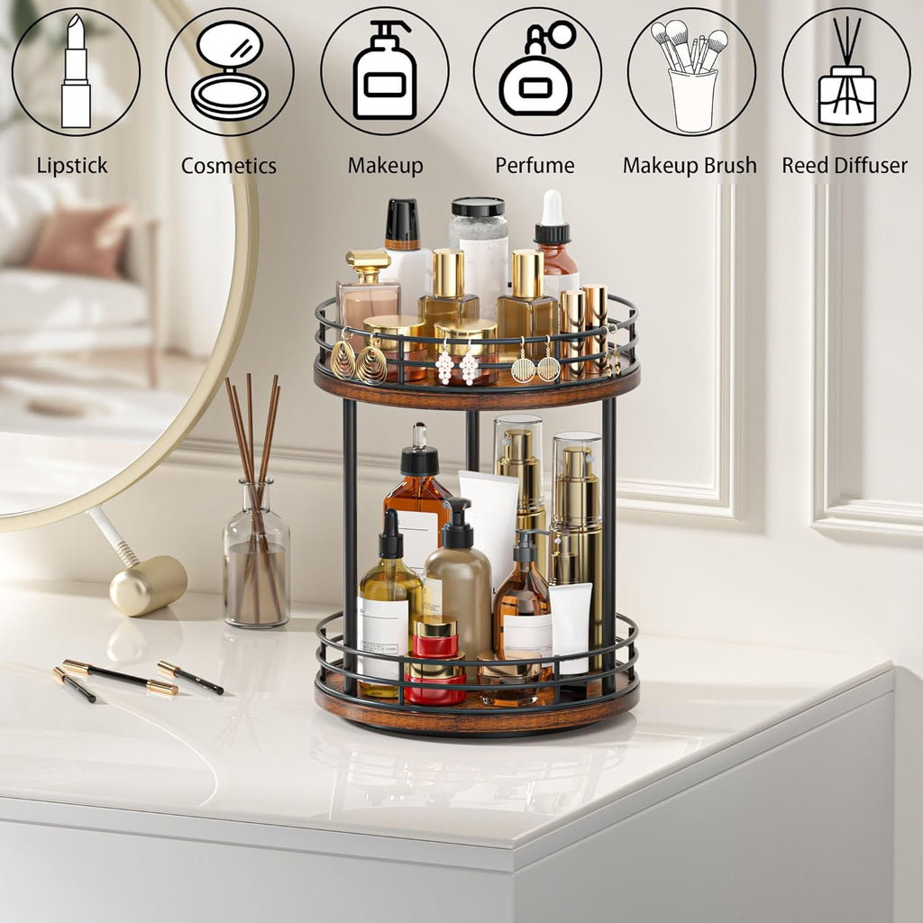 Skiennix 2-Tier Rotating Makeup Organizer - Wooden Bathroom Countertop Storage Shelf | Brown
