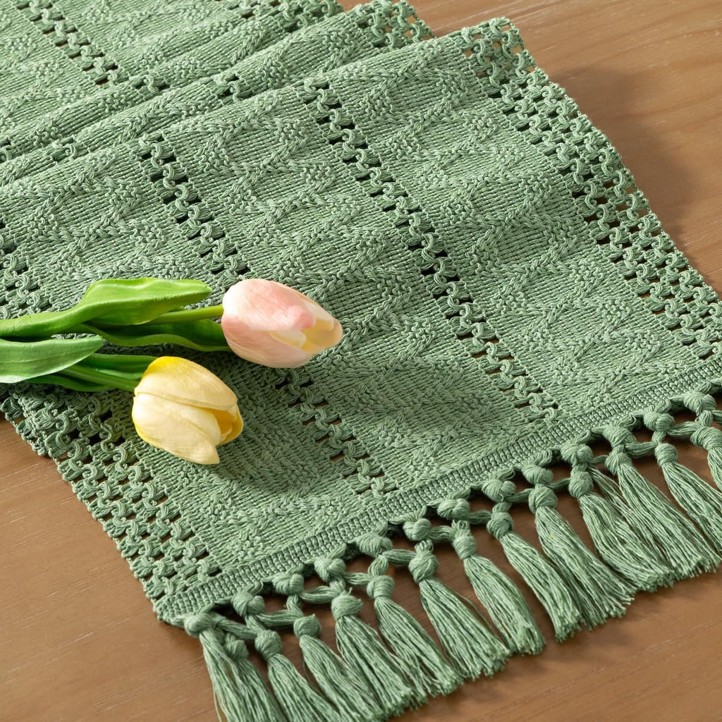Socomi Sage Green Boho Table Runner - Rustic Macrame Woven Cotton Linen Decor | 12x60 Inch for Spring Dining