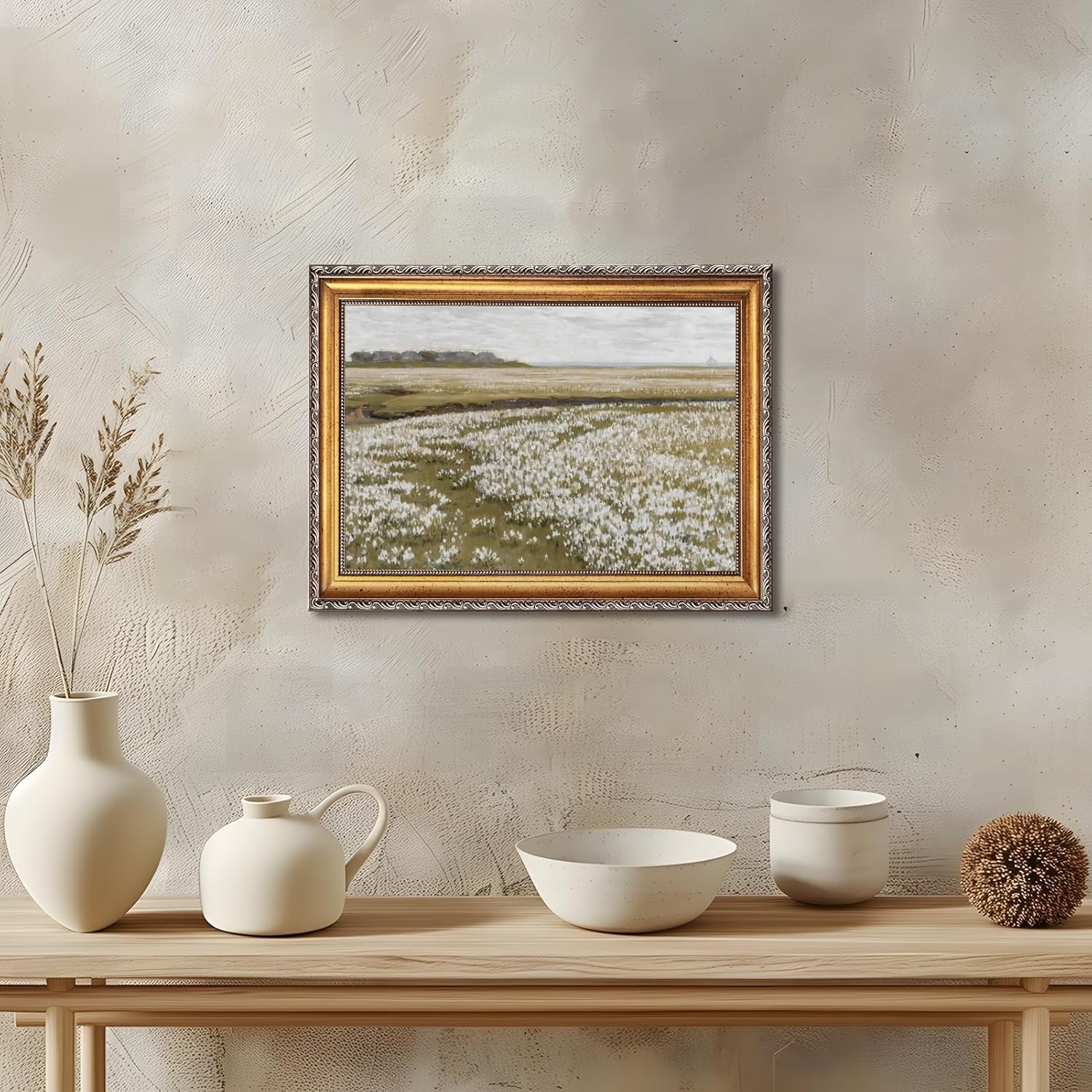 Skiennix Vintage Spring Meadow Poster - Wildflower Canvas Wall Art for Living Room | 24x36 Inch with Golden Frame