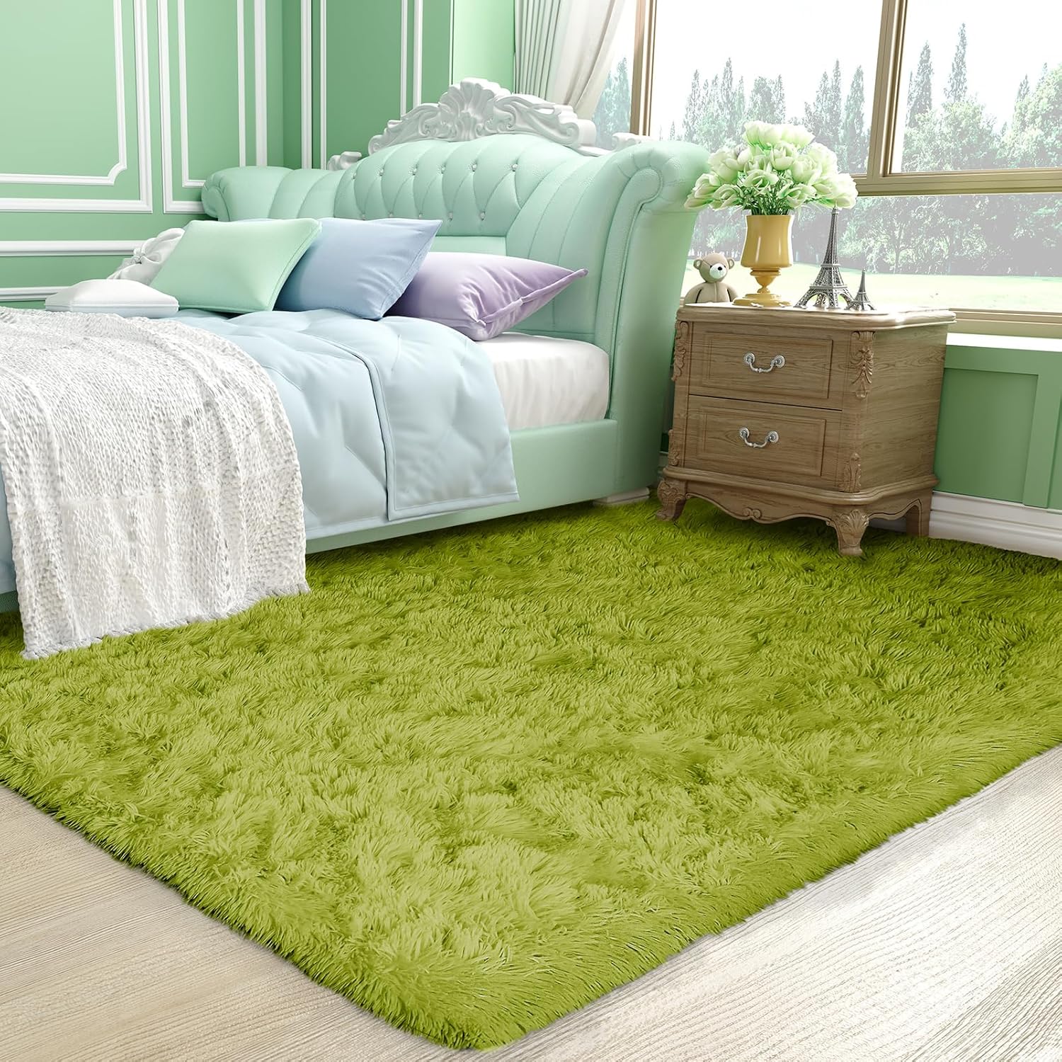 Ophanie Green Area Rug - Soft Fluffy Shag Carpet for Bedroom | 4x6 Cute Indoor Floor Decor
