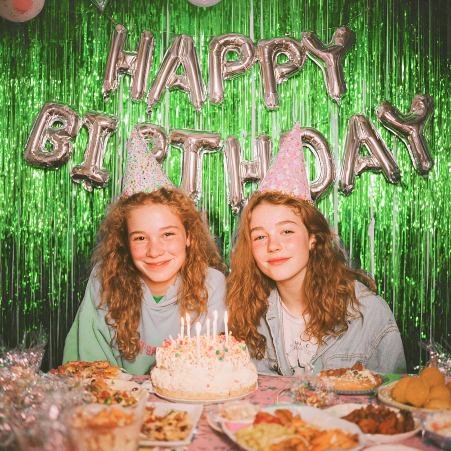 PartyWoo Green Streamers Backdrop - 3pcs Tinsel Foil Fringe Curtains | 8.2 FT for Graduation & Birthday Parties