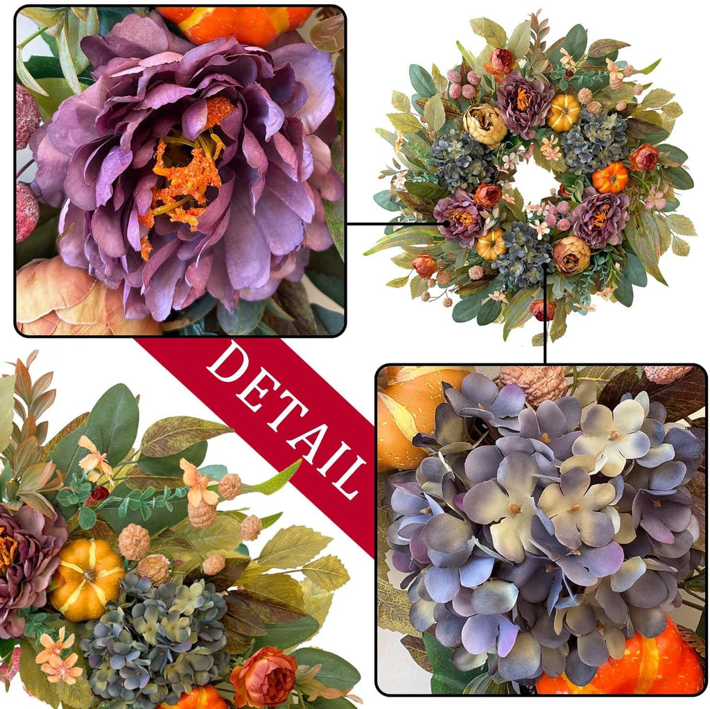 WANNA-CUL 24 Inch Spring & Fall Wreath - Blue Hydrangea & Purple Peony | Autumn Door Decor