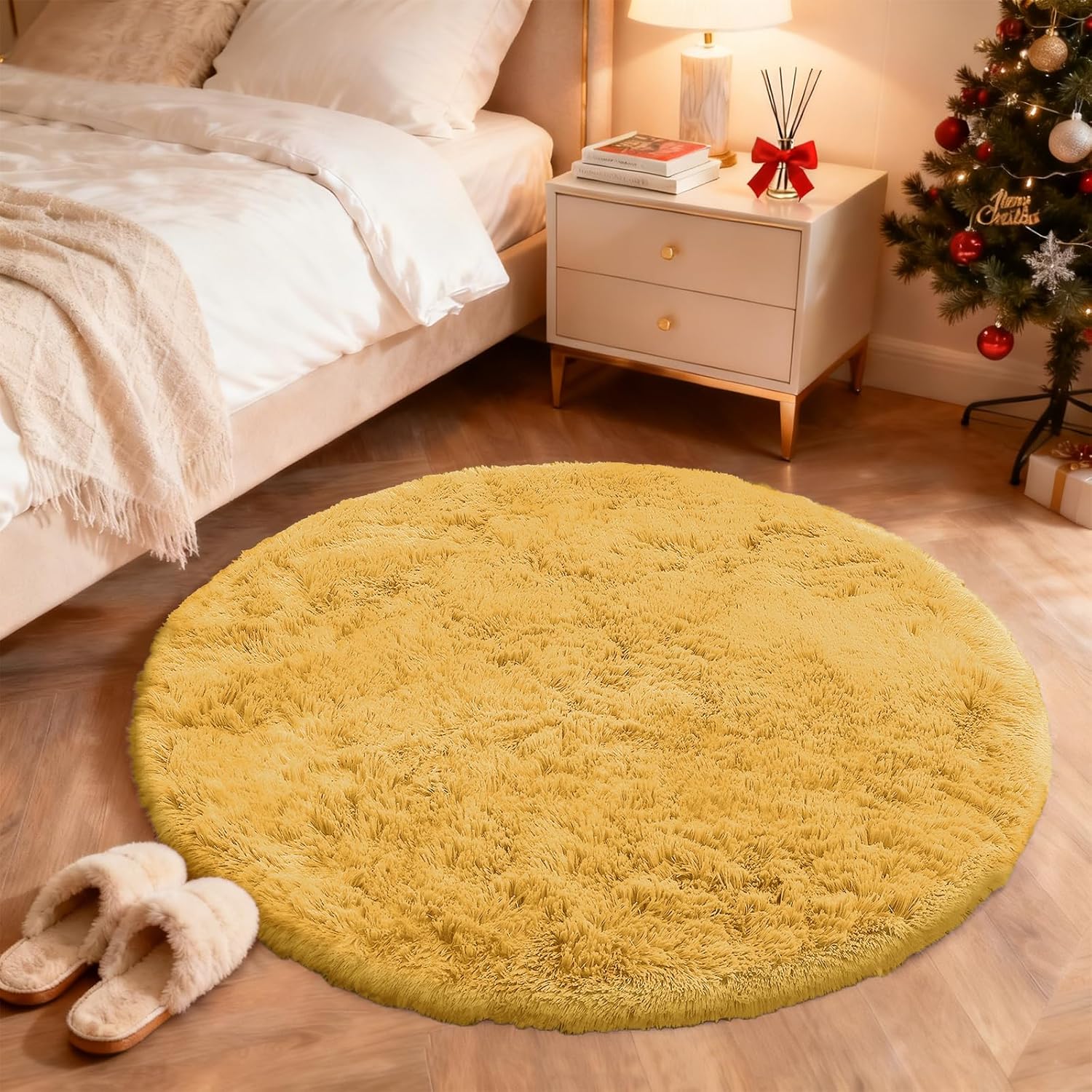 OLANLY Mustard Yellow Round Rug - Soft, Fluffy Shaggy Carpet | 4 ft Machine Washable Area Rug for Bedroom, Living Room, Nursery Decor