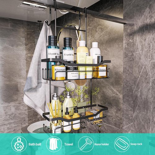 HapiRm Hanging Shower Caddy - No-Drill Over the Door Organizer with Soap Holder & 11 Hooks | Rustproof 304 Stainless Steel - Black