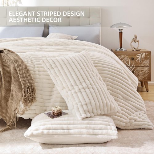 Smoofy Fluffy Queen Comforter Set 3 Pieces - Cream White Fleece Fluffy Comforter Set, Luxury Fuzzy Queen Bedding Set, Soft Warm Bed Set All Season, Heavy Faux Fur Comforter with 2 Pillow Cases