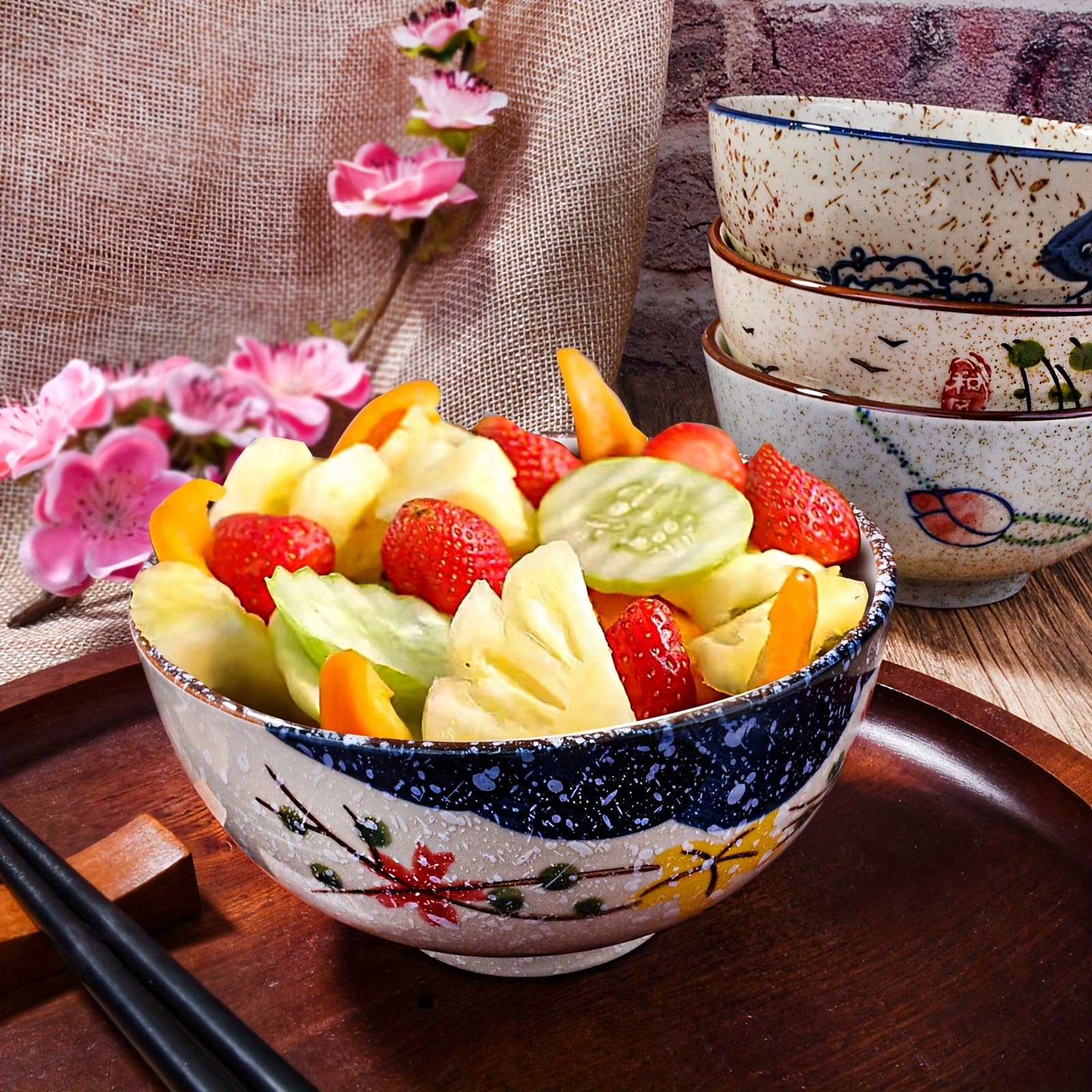 Whitenesser Japanese Retro Rice Bowls Set of 4 Hand-Painted Floral Design Ceramic Soup Sushi Bowls Small Cute Bowls