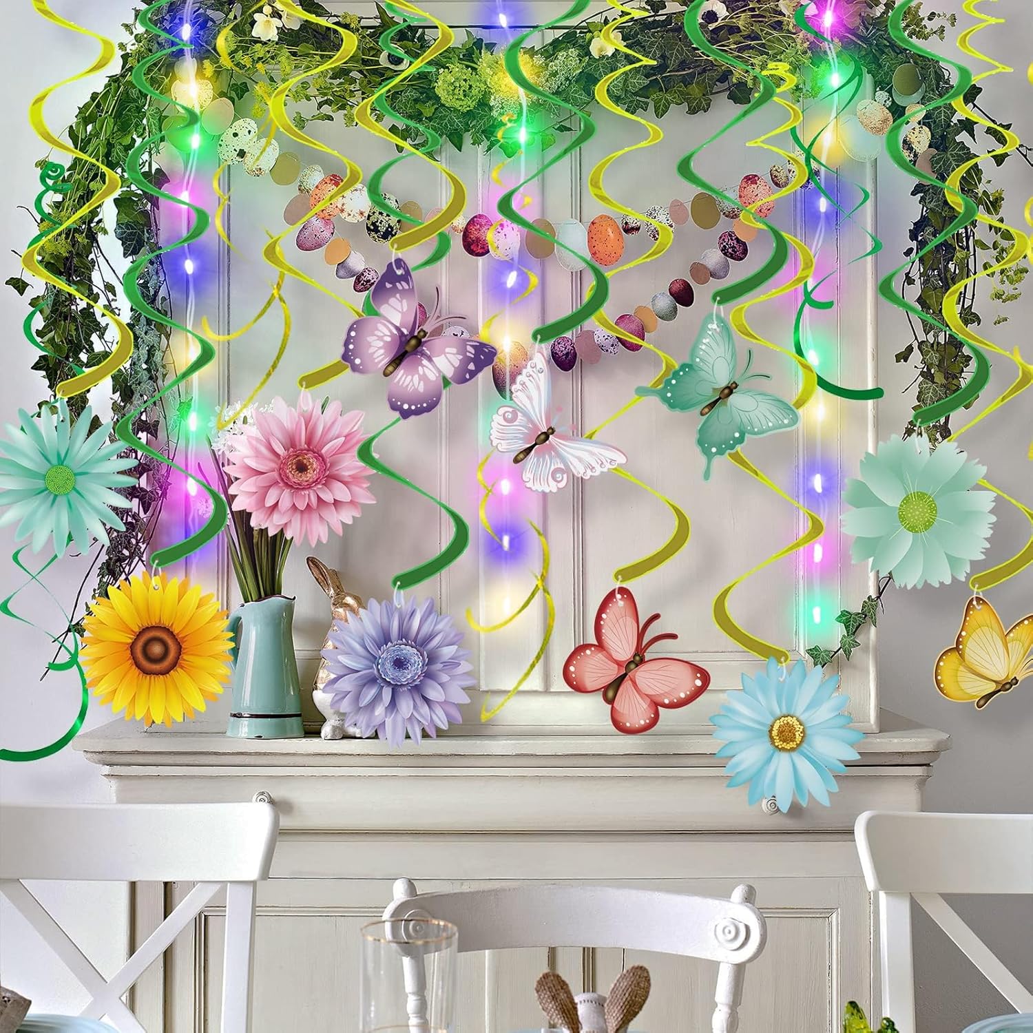 Skiennix 33-Piece Spring Hanging Decorations | LED Flower & Butterfly Swirls for Easter Parties