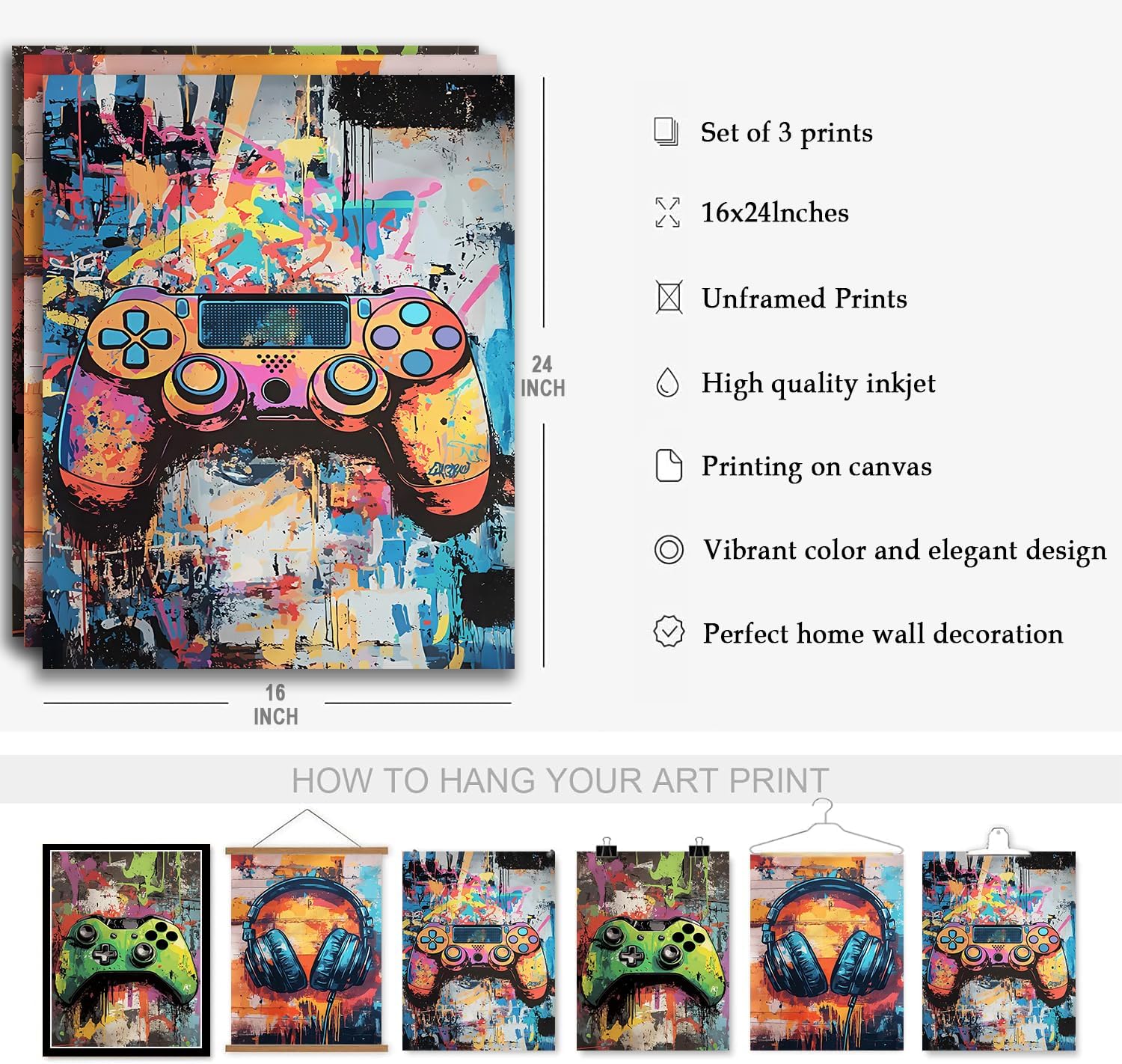 Skiennix Gaming Graffiti Canvas Wall Art - Cool Video Game Prints for Gamer Room | Unframed 16x24x3 Inch