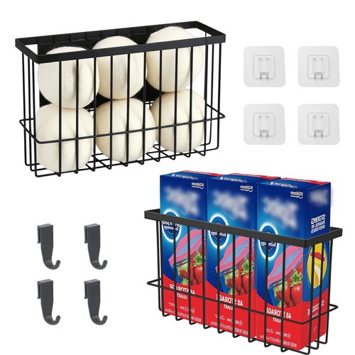 2 Pack Magnetic Basket, Magnetic Dryer Ball Holder for Laundry Room Dryer Ball Organization with 4 Caddy Adhesive Stickers, Cabinet Door Organizer for Kitchen Wrap Food Bag Tin Foil Storage, Black
