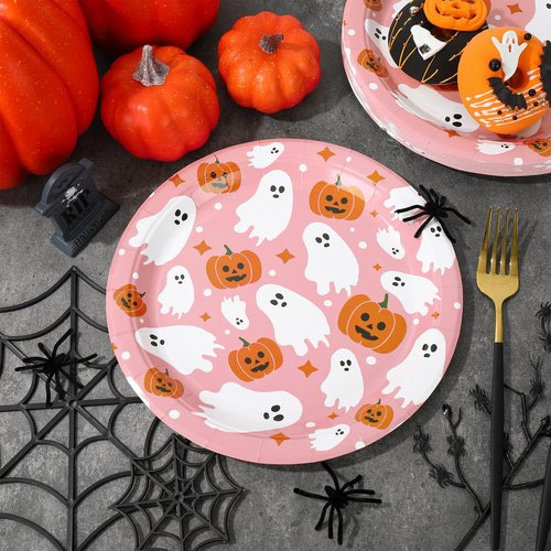 24Pcs Pink Halloween Paper Plates 9 Inch Cute Ghost Pumpkin Disposable Plates Decorative Party Plates for Halloween Birthday Party Dinner Tableware Supplies Table Decor
