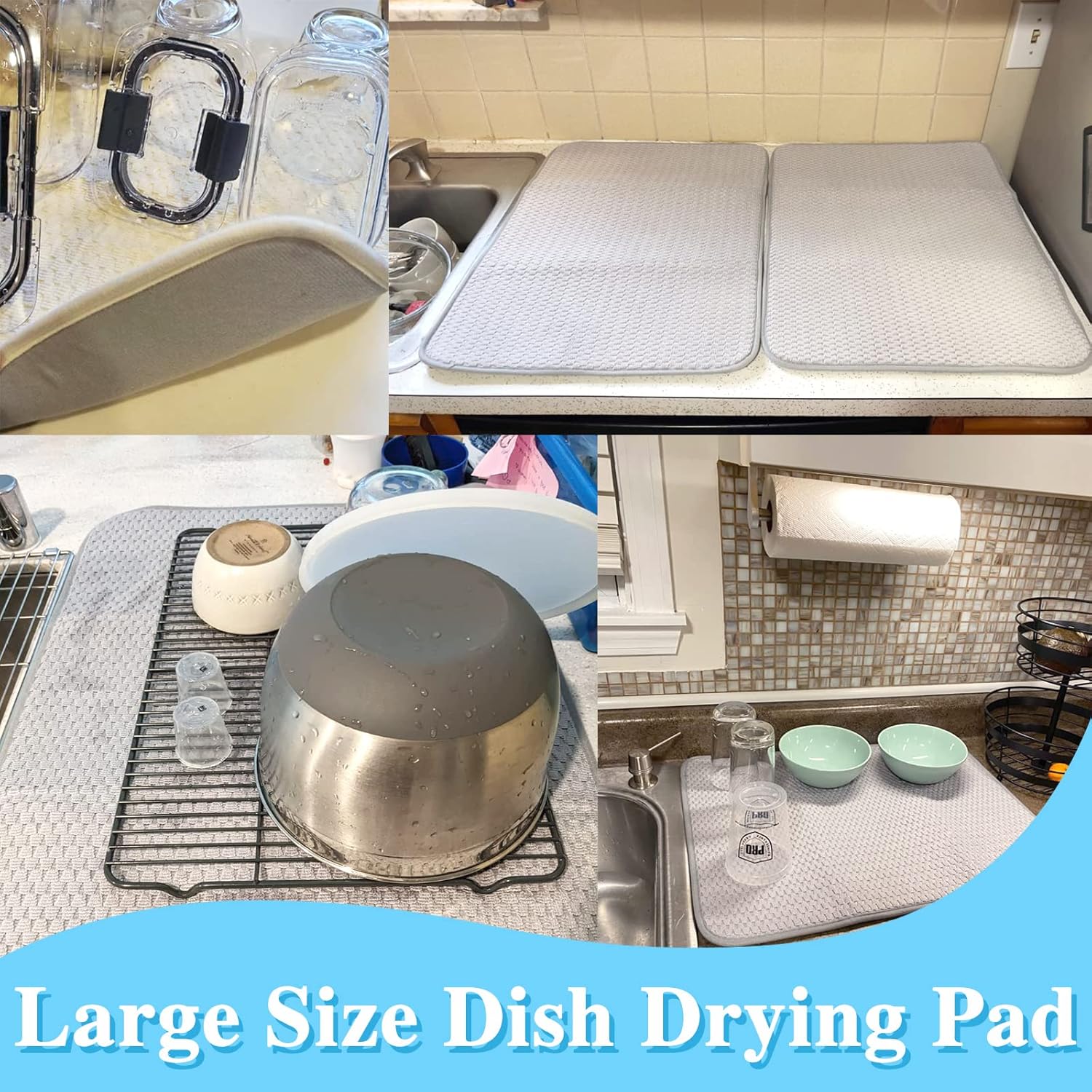 Skiennix Microfiber Dish Drying Mat - Absorbent 24"x17" Kitchen Counter Pad | Large Gray Drainer