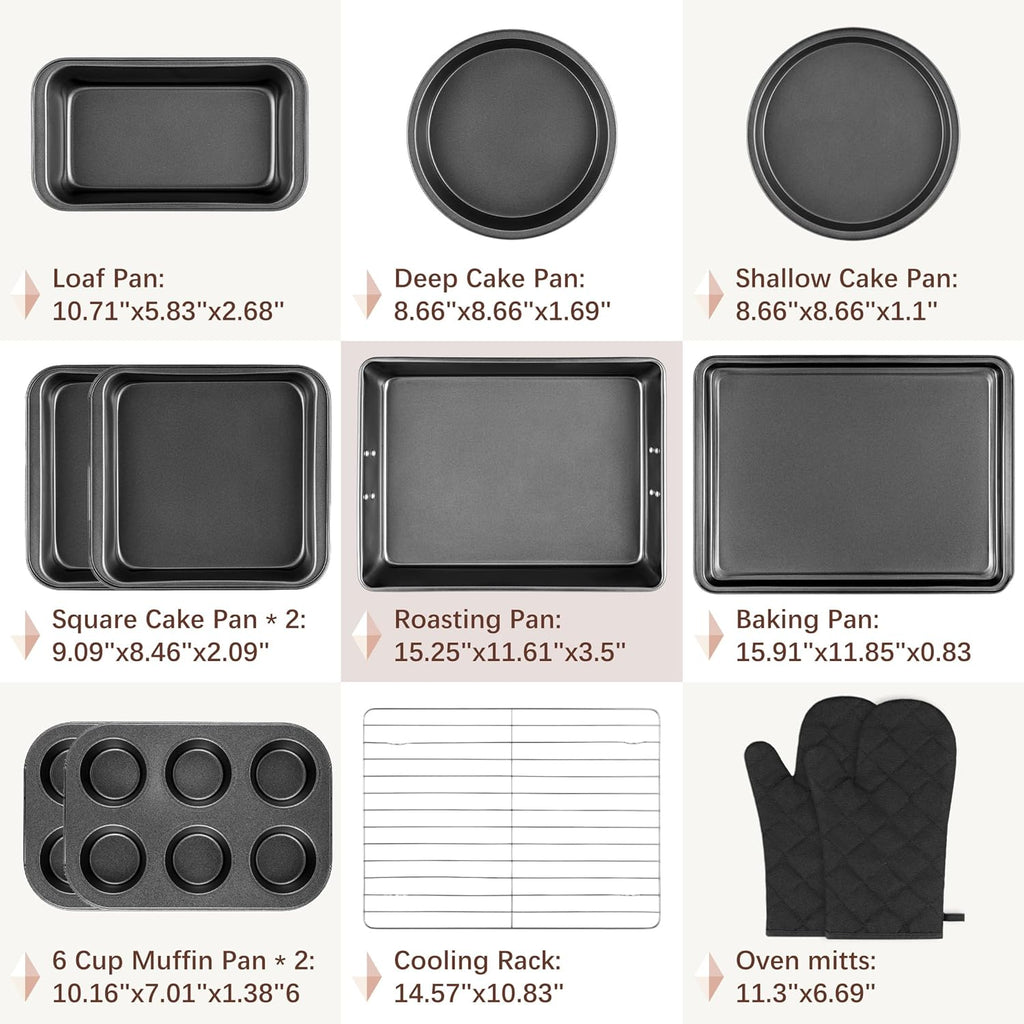Skiennix 12PCS Nonstick Baking Pans Set - Stackable Carbon Steel Bakeware with Wider Grip & Oven Mitts
