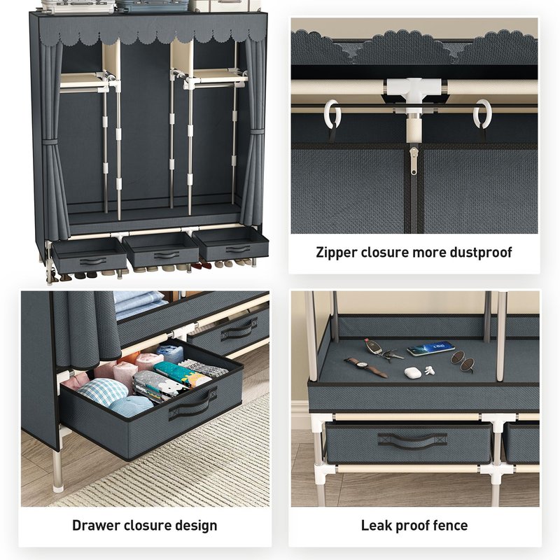 LEAIJIAFY Portable Armoire Wardrobe Closet with 3 Drawers and 3 Hanging Rods,Cloth Closet Wardrobe Cabinet for Hanging Clothes,Grey Cover,for Clothing,Bedding,51 in Width